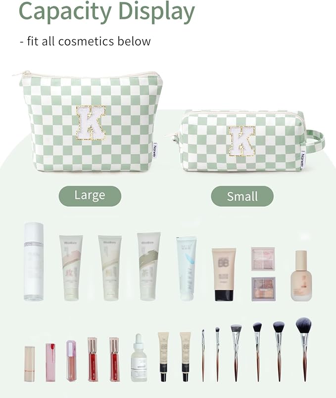 Narwey 2 Piece Personalized Initial Makeup Bag Checkered Cosmetic Bags, 6 8 10 11 12 13 14 16 18 Years Old Teen Girl Gifts Trendy Stuff Birthday Gifts for Women, Travel Toiletry Bag (Green Letter K)