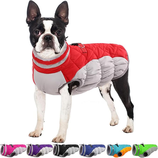 OUOBOB Winter Dog Coat,Large Dog Jacket,Waterproof Pet Jacket with Back Zipper,Pet Coat with Harness Built in,Warm Dogs Coat with Fleece Lined, Snow Jacket Clothes French Bulldog Shiba Inu,Red,L