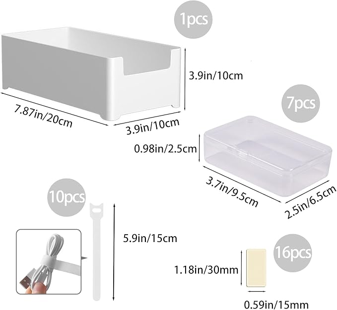 7 in 1 Charger Cable Organizer Box with Lid and 10 Cable Ties & 16 Labels Included | Multi-Function Storage for Office Desk Drawer | Cord, Charger, Card Organizer Case