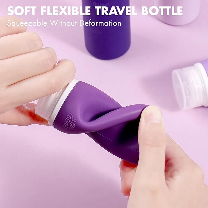 Muslish 21 Pack Travel Bottles for Toiletries, Leak-Proof TSA Compliant Silicone Travel Size Containers for Shampoo and Conditioner, BPA Free with Toiletry Bag (Purple)