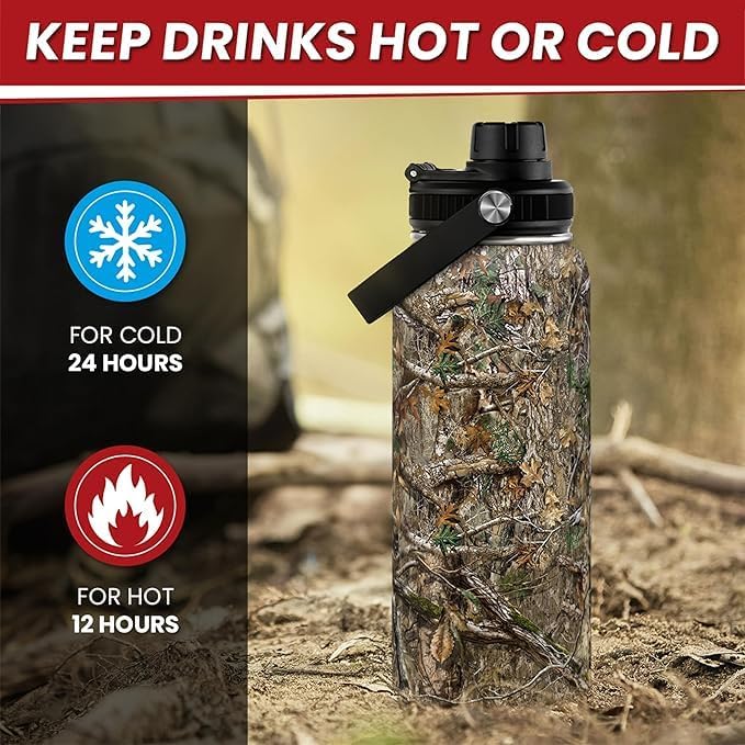 Camouflage Insulated Stainless Steel Water Bottle 32oz, Vacuum Chug Lid Travel Tumbler for Men Friends Dad Hunter Hunting Lovers, Gift for Birthday Christmas Father's Day