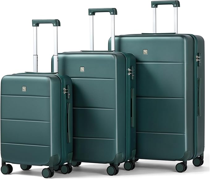 Hanke 3 Piece Luggage Sets with Spinner Wheels, Carry On Luggage Lightweight PC Hard Shell Suitcases Travel TSA Luggage Rolling Checked Bag 20/24/28 Inch Luggage(Blackish Green)