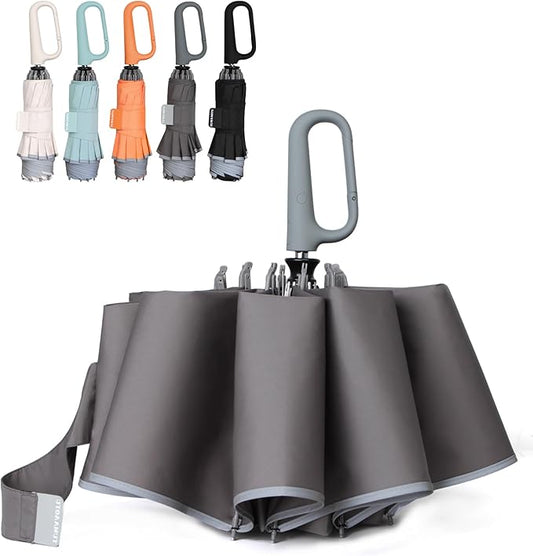 QWB TUMAAOTU Inverted Umbrella with Carabiner Handle, Compact Wind Proof Umbrellas For Rain and Sun Protection, Portable Reverse Folding Umbrella, Car Umbrella for Women Men, 10 Ribs