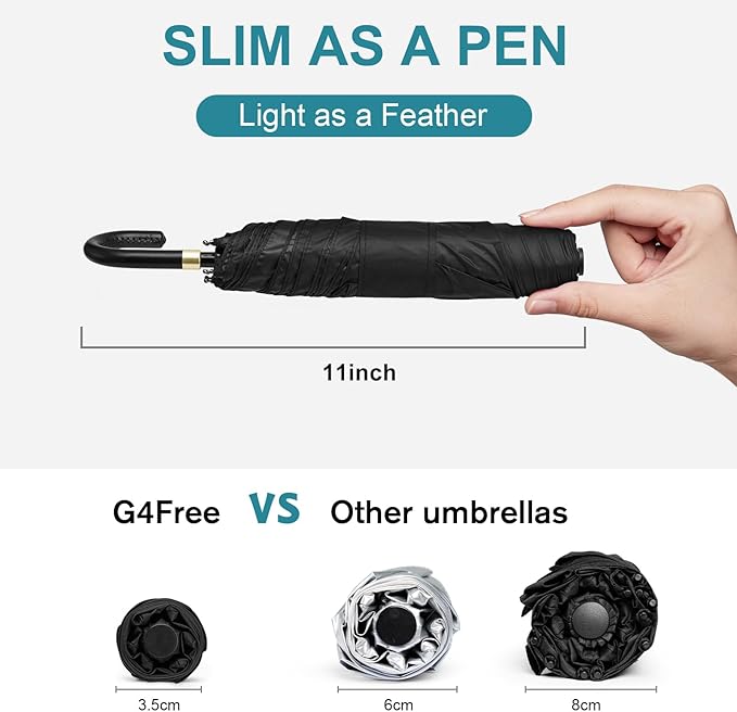 G4Free Mini Travel Umbrella UPF 50+ Ultralight Slim UV Protection Parasol, Windproof Compact Umbrella for Sun & Rain, Portable with J Hook Curved Handle Japanese Style for Women
