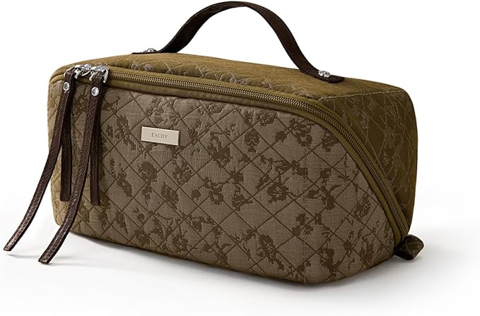 EACHY Travel Makeup Bag, Large Toiletry Bag for Women, Flat-Opening Organizer Pouch with Compartments