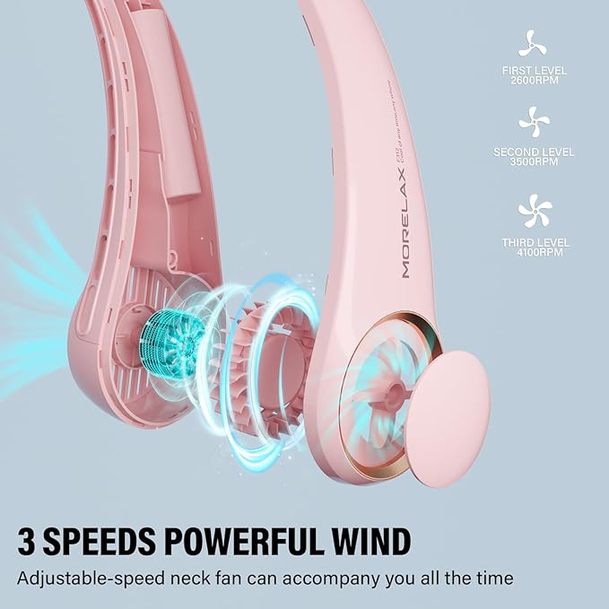 Jancane Neck Fan, USB Rechargeable Personal Fan, 3 Speeds Adjustable, Large air outlet Powerful Strong Wind, Adjustable, 360° Cooling, Super Quiet, No Blade Design, No Hair Twisting, Small (Pink)