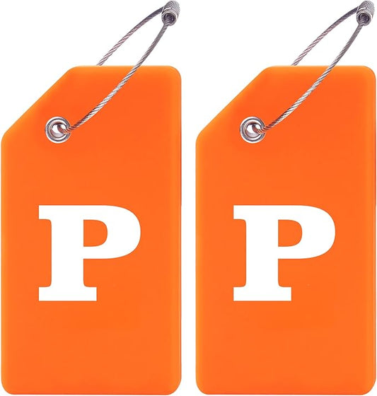 Gostwo 2 Pack Silicone Luggage Tags for Suitcases, 26 Initial Letter Baggage Labels Handbag School Bag Suitcase Instrument Tag with Stainless Steel Loop(Orange)(Letter P)