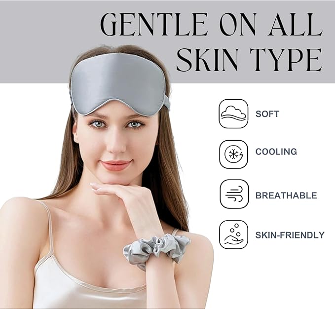 Silk Satin Sleeping Eye Mask, Silvergrey Sleep Eye Mask Night Blindfold for Women and Men, Soft Breathable Blackout Eyeshade Eye Cover for Travel, Wedding Bridesmaid Gift
