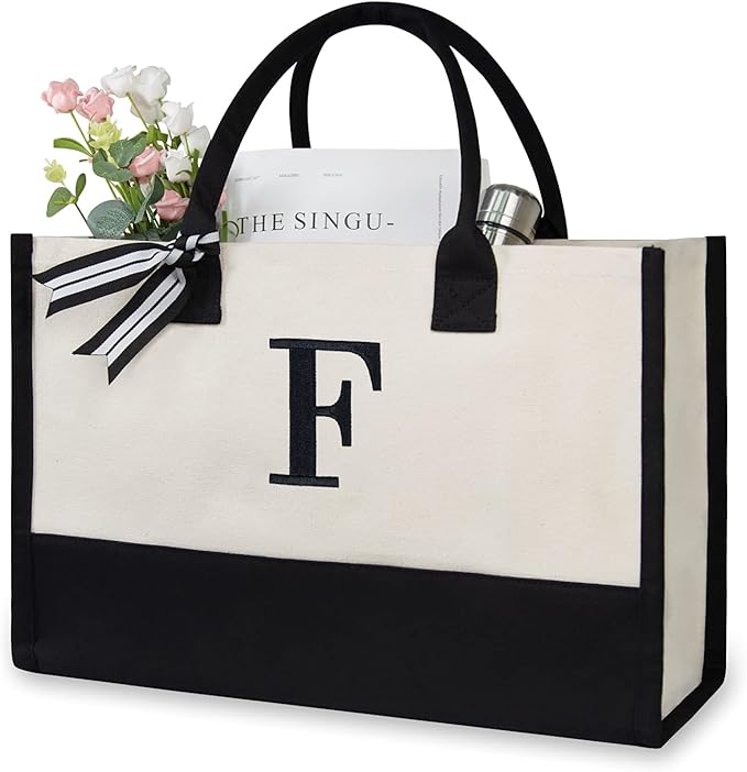 TOPDesign Personalized Initial Canvas Beach Bag, Monogrammed Gift Tote Bag for Women