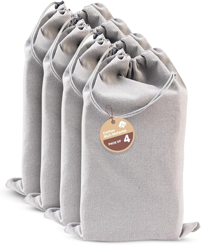 LFH Cotton Rich Shoe Storage Bags with Drawstring, Dustproof Breathable Reusable Organizer, Perfect For Travel, Dorm, Hotel, College, Gym, Easy to Carry, Machine Washable 8"x17" (Pack of 4) - Grey