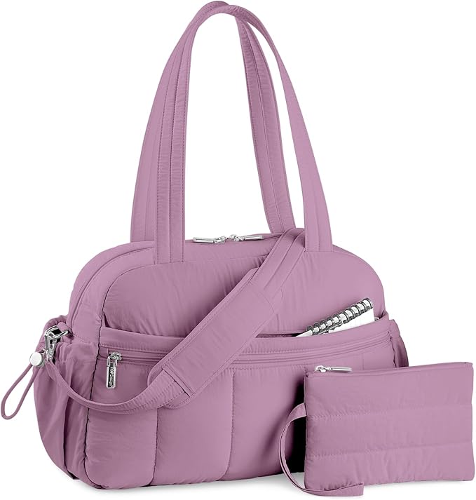 TOPDesign Travel Duffel Bag for Women, Puffer Gym Bag Sports Tote with Wet Pocket, Carry On Weekender with Luggage Sleeve (Purple)