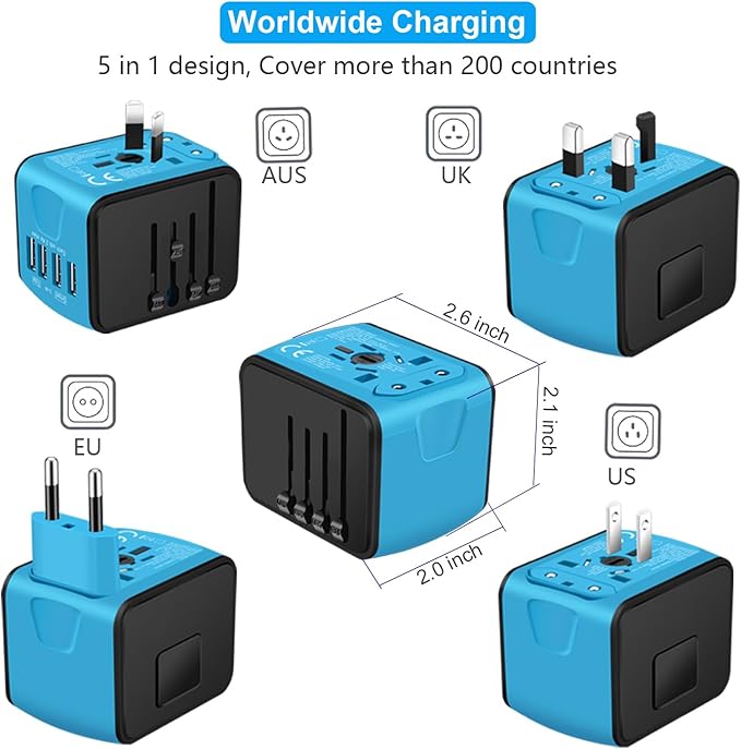 Universal International Travel Power Adapter W/Smart High Speed 2.4A 4xUSB Wall Charger, European Travel Plug Adapter, Worldwide AC Outlet for Europe, UK, US, AU, Asia-Blue