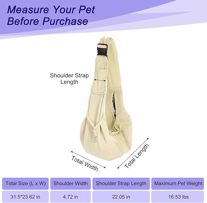 PETAXCELL Dog and Cat Sling Carrier Up to 16.5 Lbs, Hand-Free Reversible Pet Sling Carrier with Adjustable Strap and Pocket, (White, 1 Pcs) Intended for Hiking/Camping/Traveling