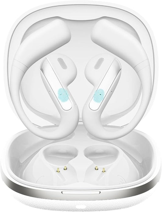 Open Ear Bluetooth 5.3 Earbuds, Wireless Headphones Sport Over Earphones Built-in Mic with Ear Hooks, 58H Playtime Ear Buds Fast Charging, IPX7 Waterproof for Running/Workout-White