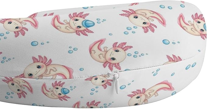 Funny Travel Neck Pillow Memory Foam U Shaped Cushion Cute Adorable Axolotl White, Washable Cover for Men Women Teens Airplane Car Sleep