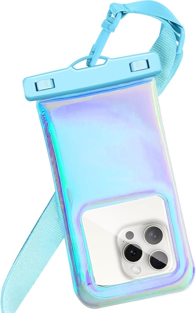 Floatable Soap Bubble Waterproof Phone Pouch/Case with Crossbody Lanyard for iPhone 17 16 Pro Max/15 Pro/14/13/12, IP68 Cellphone Dry Bag Beach Cruise Ship Essentials,Iridescent Blue,1 Pack
