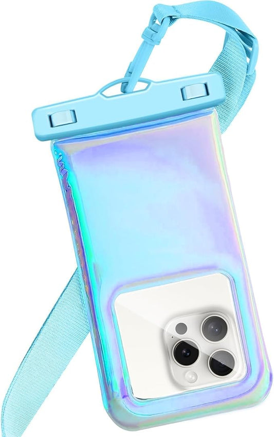 Floatable Soap Bubble Waterproof Phone Pouch/Case with Crossbody Lanyard for iPhone 17 16 Pro Max/15 Pro/14/13/12, IP68 Cellphone Dry Bag Beach Cruise Ship Essentials,Iridescent Blue,1 Pack