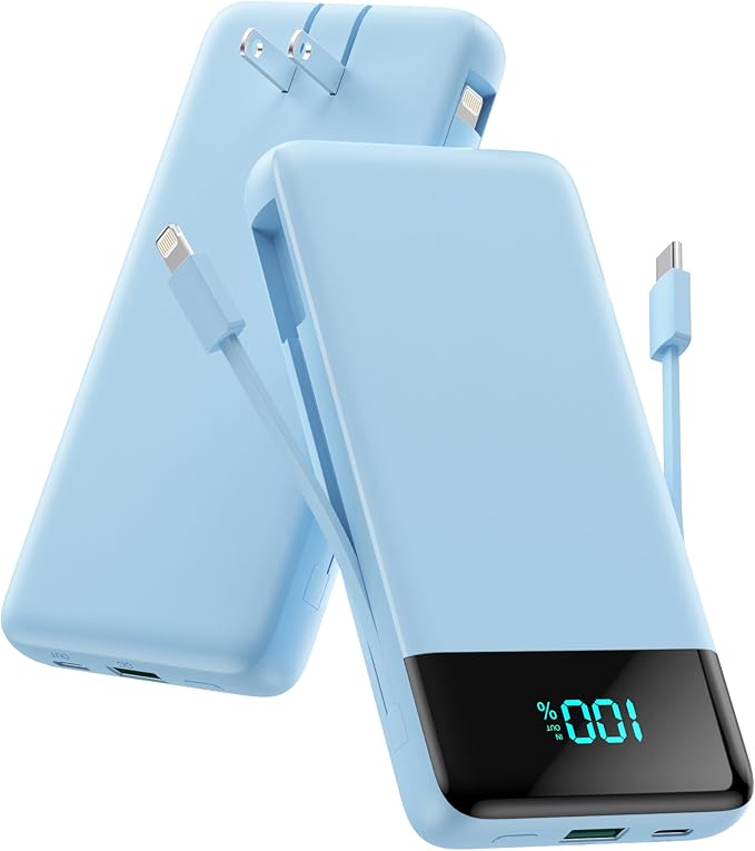 Portable Charger for iPhone with Built in Cables and Wall Plug,Upgraded 13800mAh Fast Charging USB C Power Bank,4 Outputs Travel Essential Battery Pack Compatible with iPhone 17/16/15/14,-Light Blue