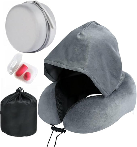 Travel Neck Pillow with Extra Large Hood Rollable Airplant Hooded Neck Pillow with Memory Foam Filling and Removable, Skin-Friendly Cover with a Carrying Pouch