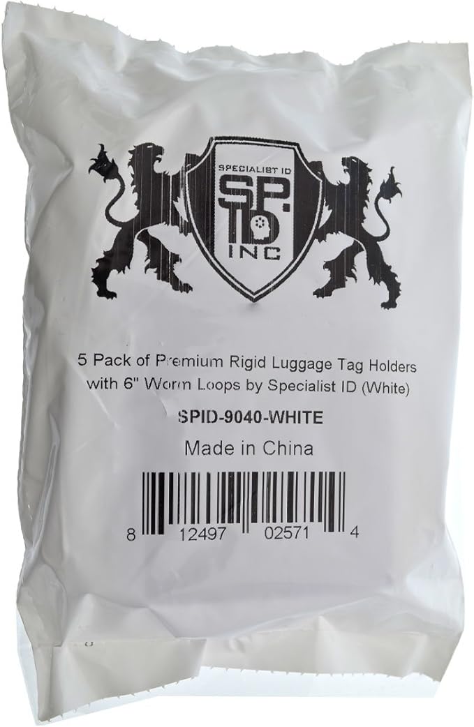 5 Pack - Premium Rigid Airline Luggage Tag Holders with 6" Worm Loops - Heavy Duty Hard Plastic -Suitcase ID Tag Identifiers with Business Card Insert Window by Specialist ID (White)