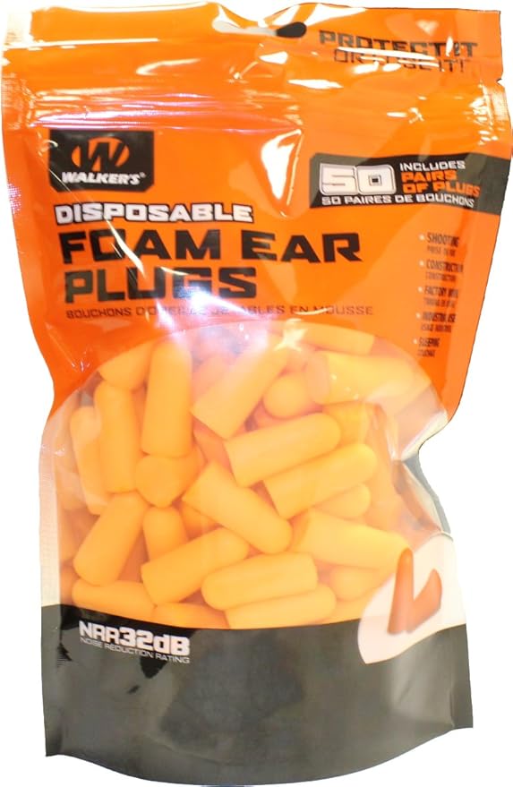 Walker's 33dB NRR Sound Blocking PU Foam Passive Hearing Protection Range Shooting Hunting Work Soft Comfortable Adaptable Orange Earplugs - 50 Pair Bag