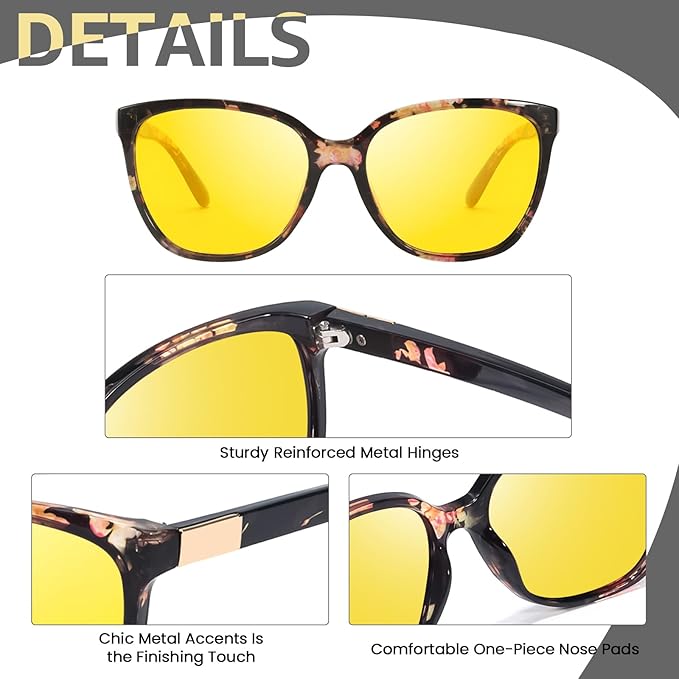 Myiaur Night Vision Driving Glasses for Women, Polarized Anti Glare Yellow Lens Glasses for Nighttime, UV400 Protection