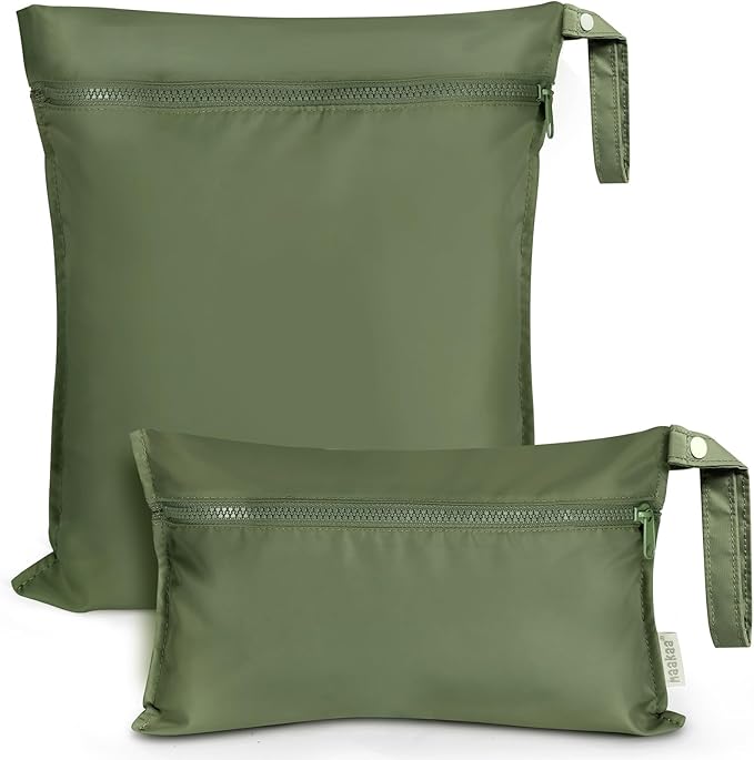 haakaa Waterproof Wet Bags for Baby Wet Dry Bags for Cloth Diaper, Swimsuit & Travel, 2pcs, Olive Green