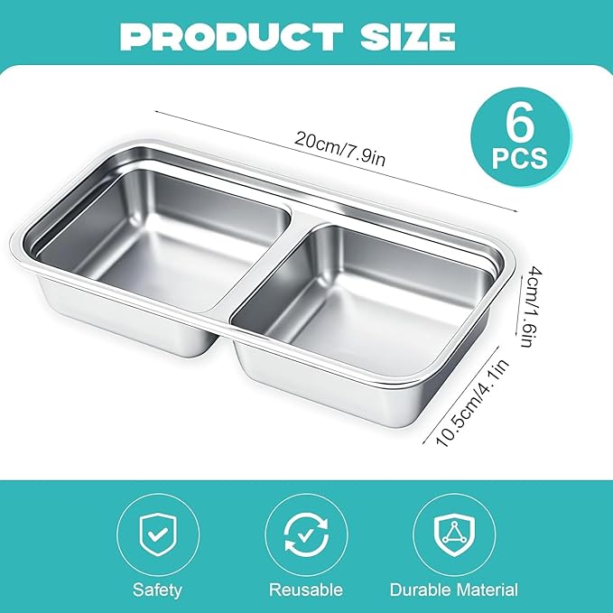 BSTUR 6Pcs 304 Stainless Steel Snack Containers, 30 oz 2 Compartments Portable Food Storage Bento Boxes with Leakproof Lids, Divided Meal Prep Lunch Box Food Container Dishwasher Safe