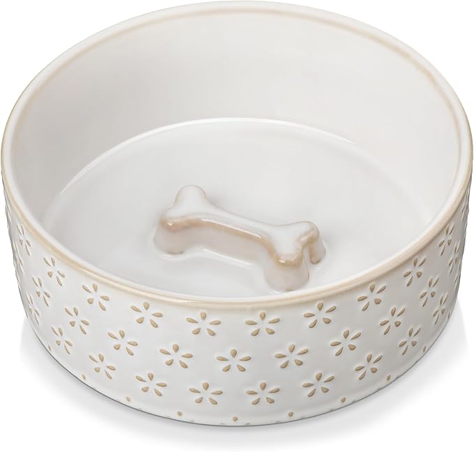 MALACASA Ceramic Dog Food Bowl, 3.5 Cups or 32oz Dog Food Water Dish for Mudium Breeds, Pet Bowl Dishwasher & Microwave Safe, Five-Leaf Grass, Series Lydia