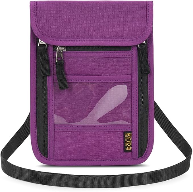 Passport Holder for Travel, Neck Pouch Travel Wallet With RFID Blocking, Waterproof Lightweight Passport Wallet for Women and Men (Purple)