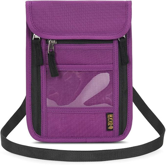 Passport Holder for Travel, Neck Pouch Travel Wallet With RFID Blocking, Waterproof Lightweight Passport Wallet for Women and Men (Purple)