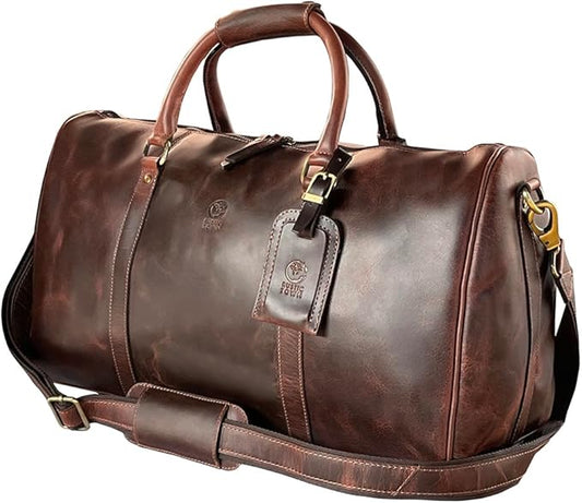 Leather Duffle Bag for Men - Full Grain Leather Travel Bag - TSA Approved Carry On Weekender Overnight Duffel Bag (20 inch)