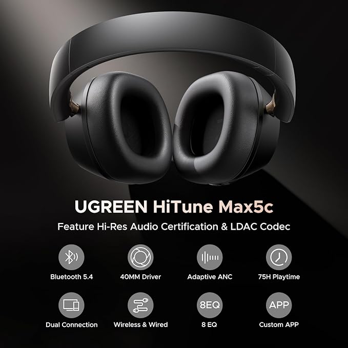 UGREEN HiTune Max5c Wireless Headphones Hybrid Active Noise Cancelling Bluetooth 5.4 ANC Over Ear Earphone, Hi-Res LDAC & Spatial Audio, Clear Call with Mic, EQ & App, 75H Playtime, Dual Connection