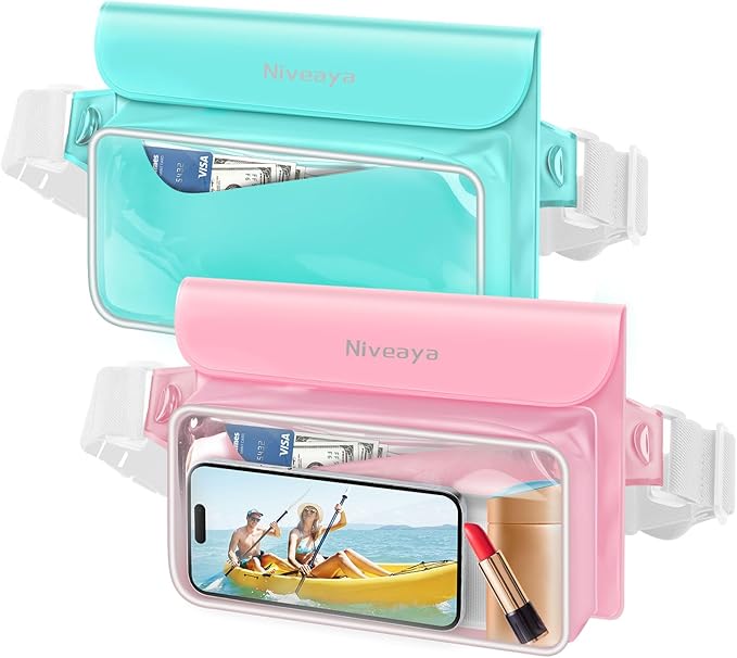 Niveaya IP68 Waterproof Fanny Pack - 2 Pack, Floating Dry Bag Pouch, Phone Waterproof Waist Pouch Dry Bag, Beach, Kayaking, Swimming, Boat Essentials, for iPhone 17/16/15/14/13/12 Pro Max up to 9.5"