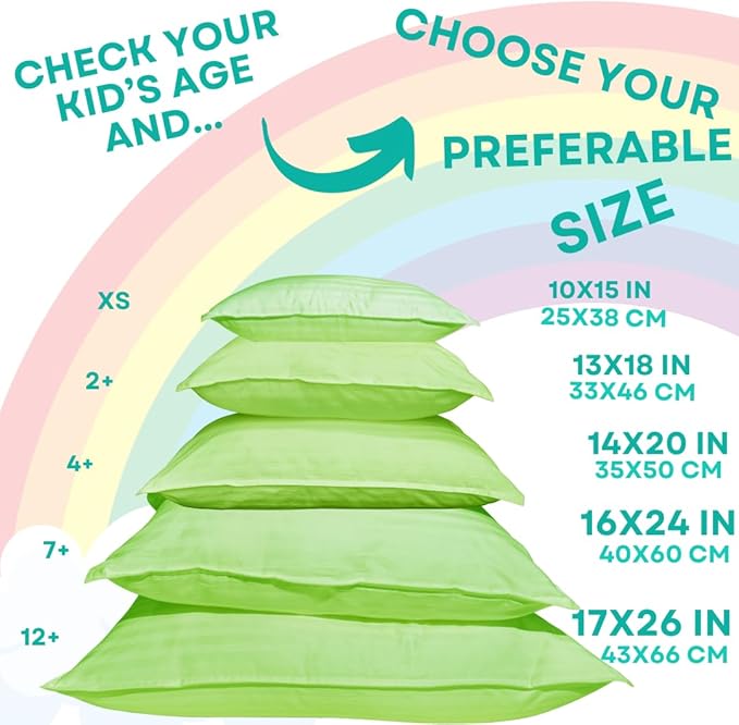 kinder Fluff Pre-Teen Pillows (2Pack) 17x26in - Pillows for Kids Age 12+, 100% Cotton Sateen Stripes 300T, Down Alternative Fill, Machine Washable - Children & Travel Cushion - Green - XL