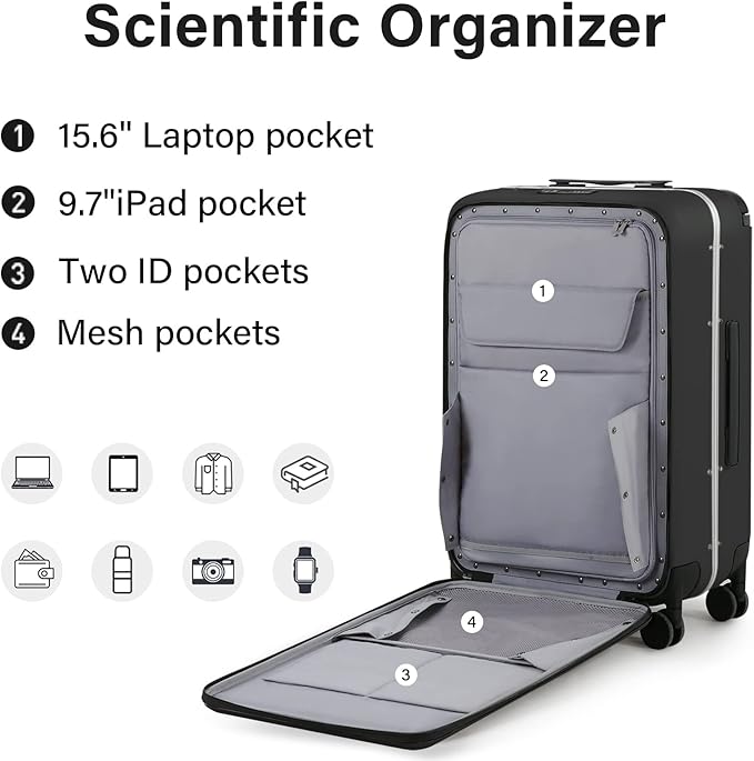 MILADA Wide Handle Luggage with Front Pocket Hardshell Aluminium Check In Suitcase with Wheels Medium 24 Inch Front Opening Checked Luggage with Spinner Wheels TSA Lock Airline Approved Luggage, Black