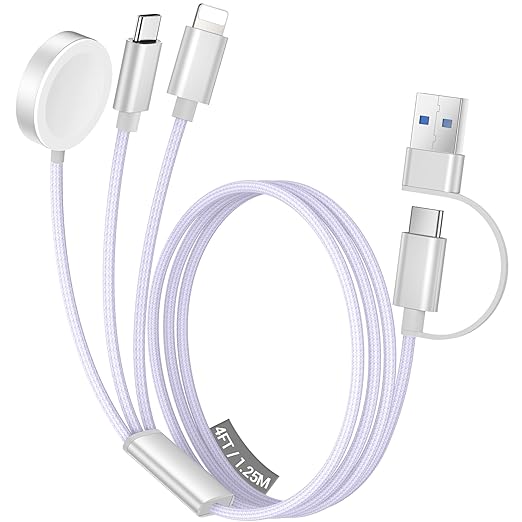 Temdan for Travel Vacation Essentials,3 in 2 USB C Cable for Apple Watch Charger/iPhone 17 Charger/Lightning,Multi Charging Cable Cord,Camping Essentials,Designed for iWatch &iPhone 16-12-4FT Purple
