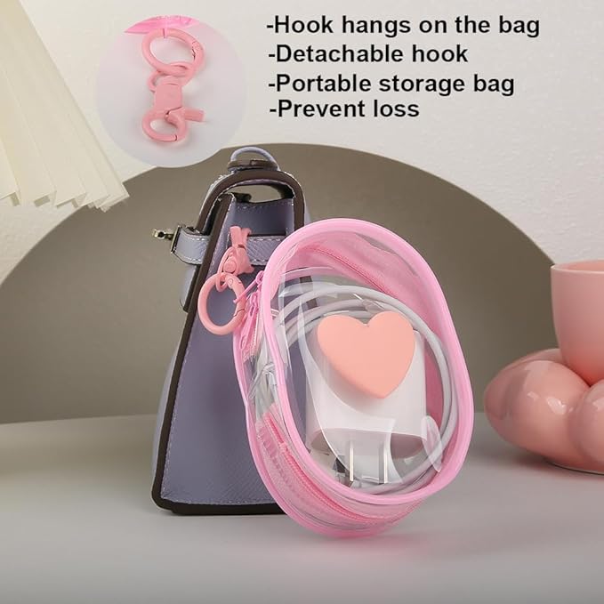 Charging Cable Storage Bag, Lovely 3D Love Heart Waves Design Transparent Compact Travel Cables Carrying Storages Case Electronic Accessories Charger Cord Wire Organizer, Pink Love