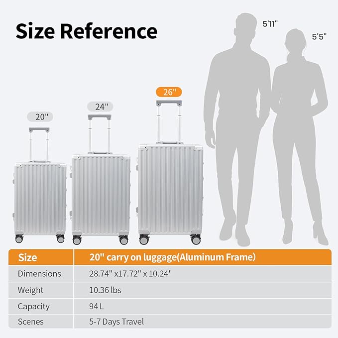 26 Inch Checked Luggage with Spinner Wheels, No Zipper Aluminum Frame Hard Shell Suitcases with TSA Lock, PC+ABS Lightweight Large Suitcase for Travel (Silver)
