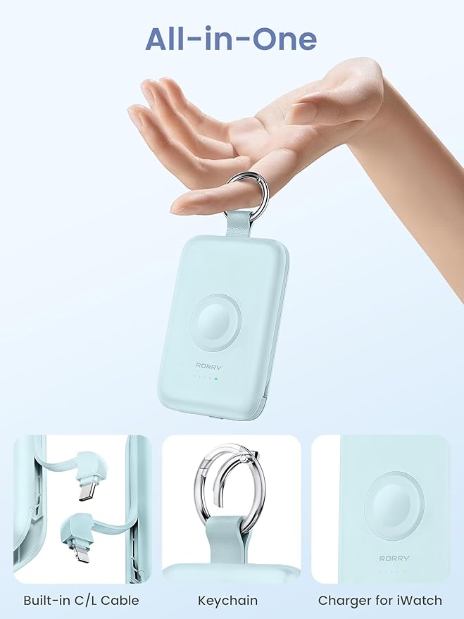 RORRY Portable Charger, 10000mAh PD 20W Fast Charging Portable Charger Power Bank with Built in Cables, Travel Battery Pack for iPhone 17/16/15/14/13/12 and Apple Watch Ultra/11/10/9/8/7/6/5, Blue