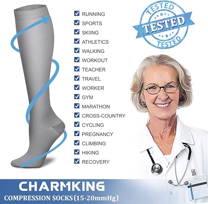 CHARMKING Compression Socks for Women & Men Circulation (8 Pairs) 15-20 mmHg is Best Support for Athletic Running,Cycling
