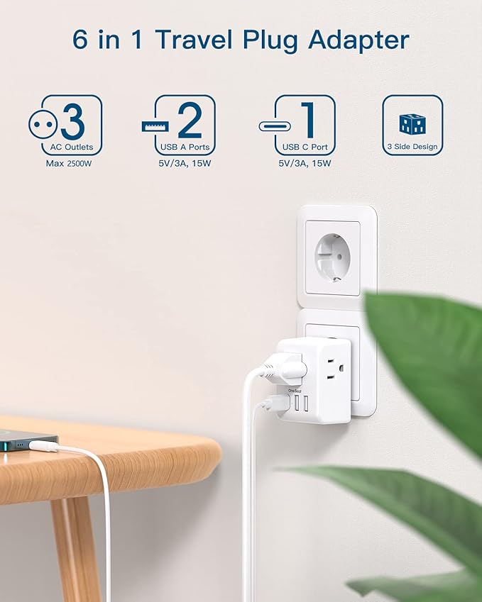 1 Pack European Travel Plug Adapter, Italy Spain Power Plug Adapter with 3 Outlets 3 USB Charging Ports(1 USB C), Type C Plug Adapter Travel Essentials to Most Europe EU Spain Italy France Germany