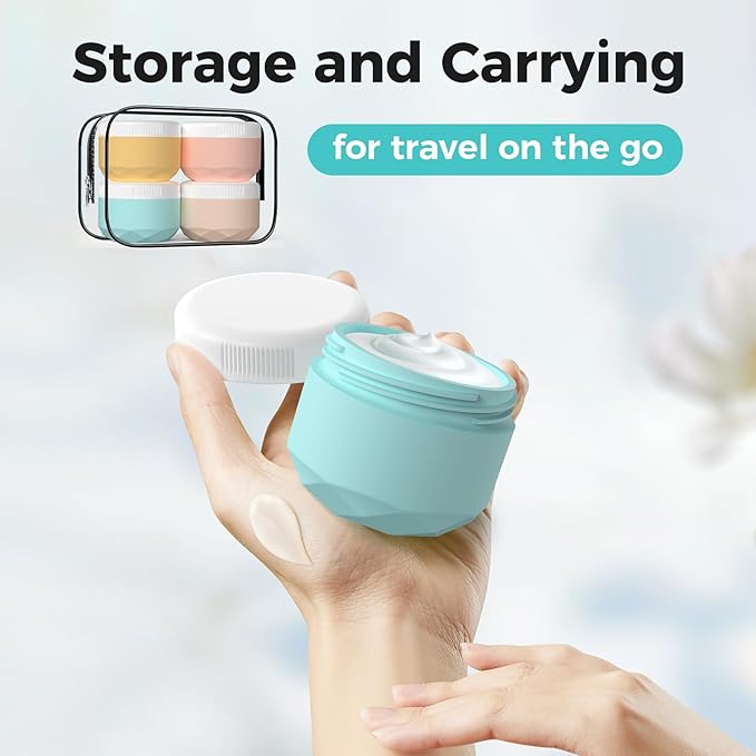 Travel Containers for Toiletries, 4-Pack TSA Approved Silicone Jars (1oz) - BPA Free Leakproof Cosmetic Containers for Creams, Lotion, Skincare & Makeup with Bonus Waterproof Bag
