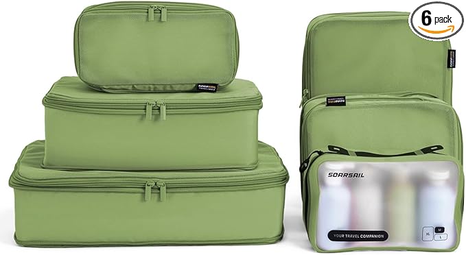 6 Set Compression Packing Cubes for Travel, Large Medium Small Luggage Organizers, Storage Bags for Clothes (6 Pack, Forest Green)