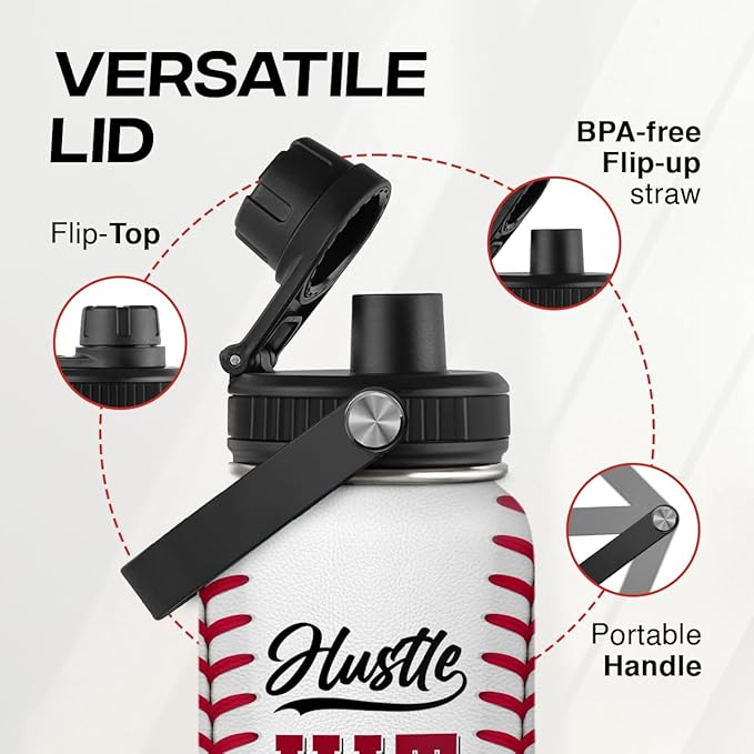 Baseball Water Bottle 32oz Hustle Hit Never Quit Stainless Steel Insulated Bottle for Men Women Sports Lovers Baseball Fans