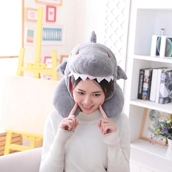 Cartoon Shark Animal Neck Pillow with Hood, U Shaped Soft Travel Airplane Neck Pillows, Office Neck Pillow, Anime Neck Pillows, Portable & Washable for Flights