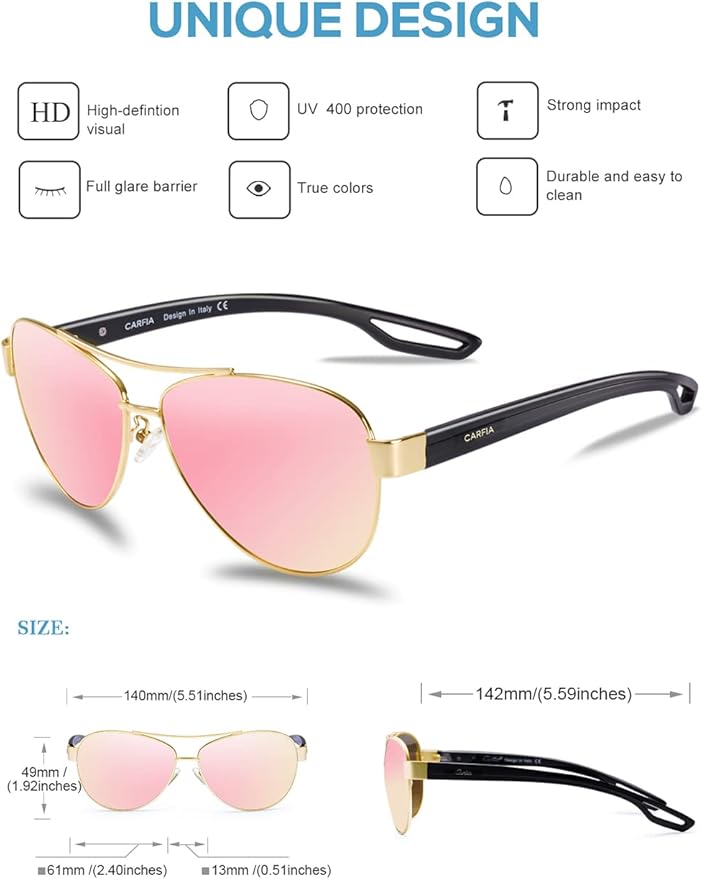 CARFIA Polarized Sunglasses for Women UV Protection Ultra-Lightweight Comfort Metal Frame Driving Glasses CA3210