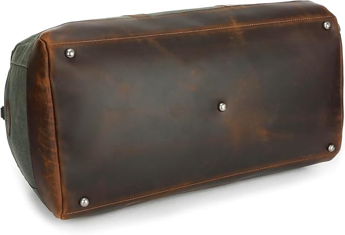 Waxed Canvas Weekender Duffle Bag, Vintage Style Travel Bag with Leather Trim, Army Green (Forest Green)