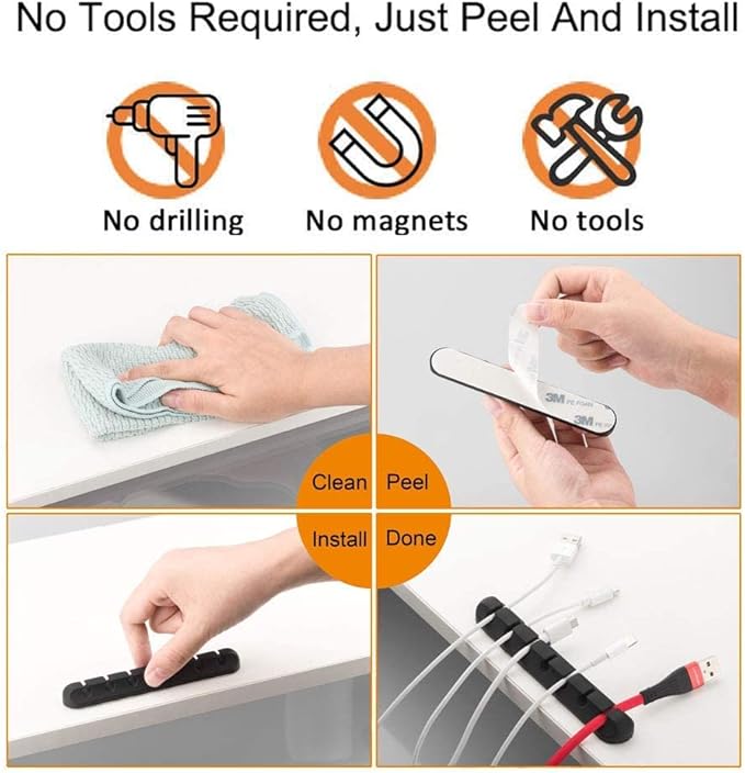 Cord Holder Cable Organizer Clips – Self Adhesive Cord Organizer for Desk, Car, Nightstands, Office, Black Silicone Cord Keeper Cable Clips Wire Holders for Charger Cords (7-5-3-1-1 Slots)