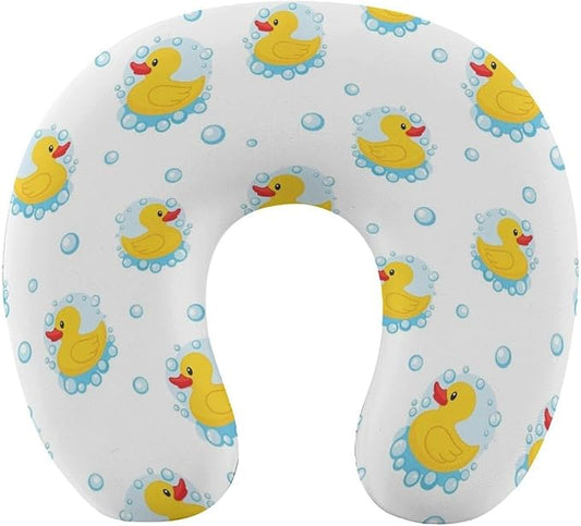 Cute Decorative Travel Neck Pillow Memory Foam Chin Cushion Cute Funny Cartoon Yellow Rubber Ducks Bubbles, Washable Cover for Women Airplane Car Home Sleeping Rest